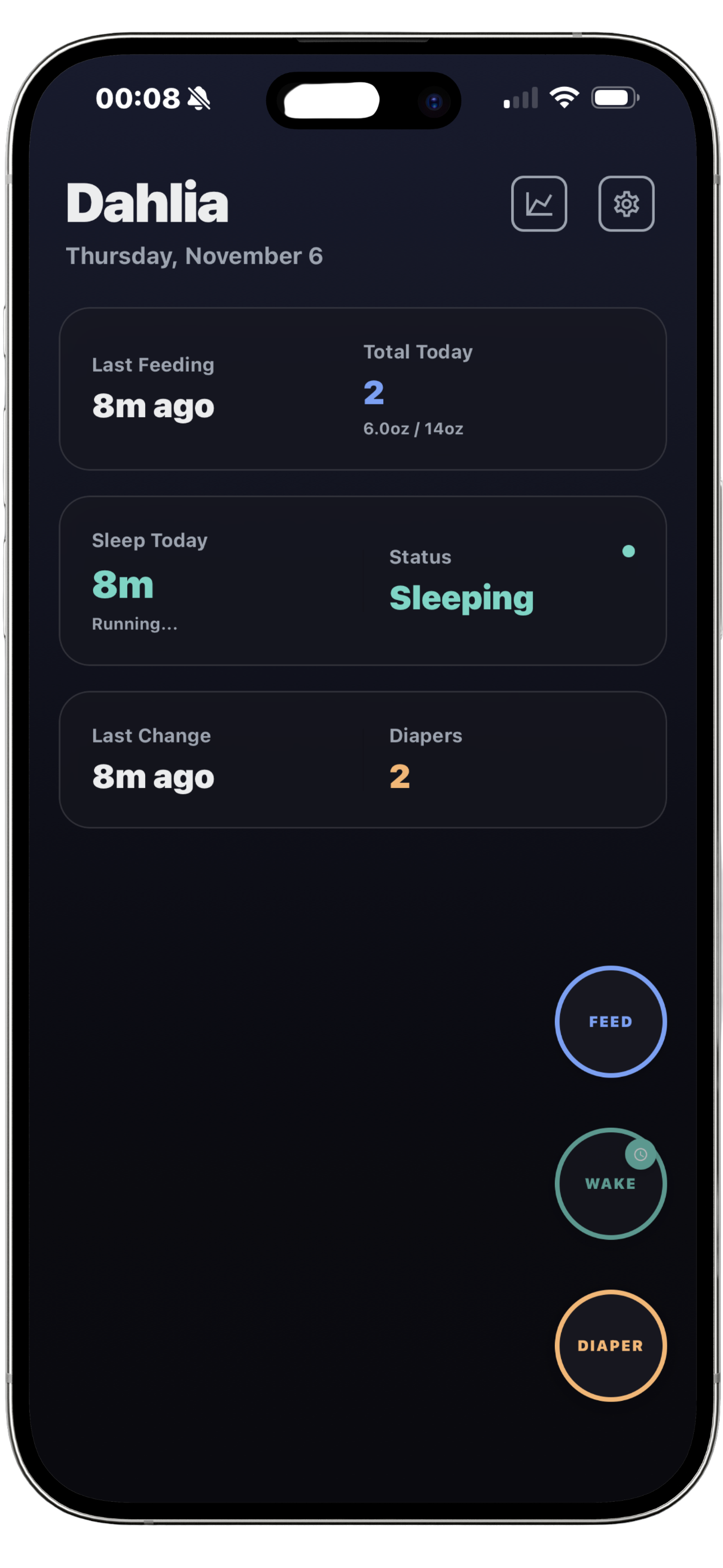 TotTrackr app mockup showing one-handed tracking buttons near the thumb.