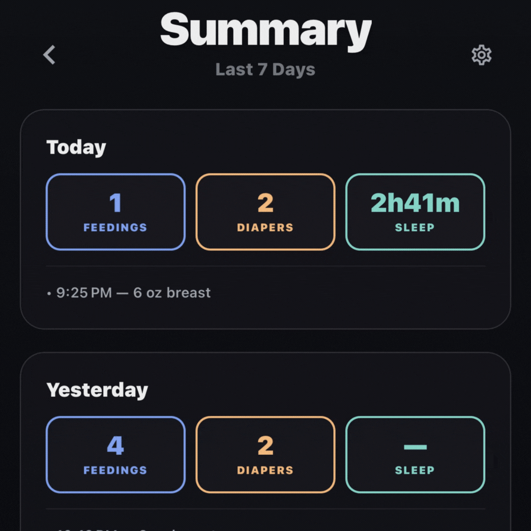 TotTrackr daily summary showing recent feeds, sleep, and diapers.